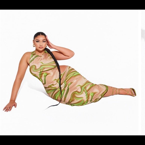 Green Printed Ruched Cut Out Midi Dress 